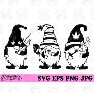 May include: Three black and white gnomes smoking a joint. Each gnome has a different hat. One gnome has a striped hat, one has a hat with a marijuana leaf, and the other has a hat with a marijuana leaf and a star.