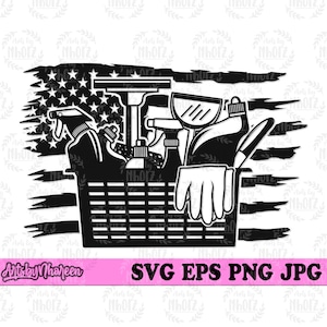 May include: Black and white illustration of cleaning supplies in a basket with a distressed American flag background. The cleaning supplies include a spray bottle, a squeegee, a sponge, and a pair of gloves.