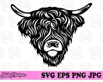 ハイランド牛 svg、ハイランド牛 クリップアート、牛の頭 svg、牛 svg、ハイランド牛 カットファイル、ハイランド牛 png、農場牛 svg、農場生活 svg、牛 dxf
