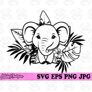 Cute Baby Safari Elephant svg, Wild One Clipart, Jungle Animal Cut File, Floral Elephant Stencil, Hawaiian Luau dxf, Salt Life Tropical jpeg