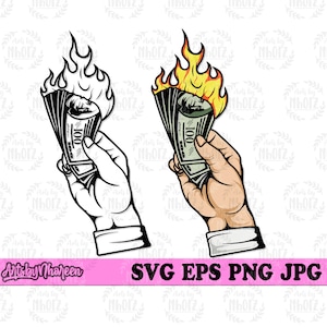 Burning Money Svg, Rich T-Shirt Design png, Burned US Dollar Bill Clipart, Lifestyle Schablone, USD Paper Bill Cut File, Rich Kid dxf, Pennies