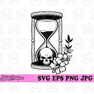 Könnte beinhalten: Schwarz-weiß-Illustration einer Sanduhr mit einem Schädel im Inneren und einer Blume an der Seite. Die Sanduhr ist von einem dekorativen Rahmen umgeben.