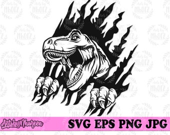 May include: A black and white graphic of a Tyrannosaurus Rex breaking through a ripped background. The dinosaur has an open mouth and sharp teeth. The image includes the text "SVG EPS PNG JPG" and "Artsby Nhooreen".