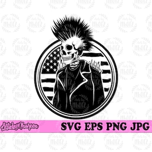 Puede incluir: Ilustración en blanco y negro de un esqueleto con una chaqueta de cuero y un mohawk. El esqueleto está de pie frente a una bandera estadounidense.