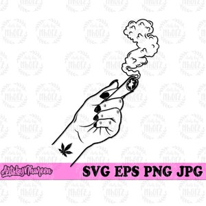 May include: Black and white line art illustration of a hand holding a lit joint with smoke rising above it. The hand has a marijuana leaf tattoo on the wrist.