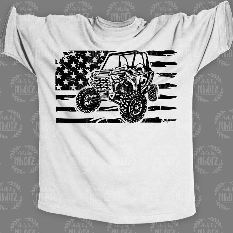 May include: A black and white graphic design of an off-road vehicle driving over a distressed American flag.