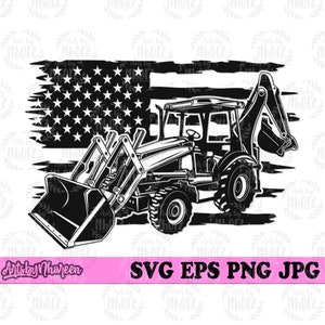 Puede incluir: Silueta en blanco y negro de un tractor con una pala, sobre un fondo de bandera estadounidense desgastada.