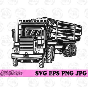 Puede incluir: Una ilustración en blanco y negro de un camión de transporte de madera que lleva una carga de troncos. El camión tiene una cabina grande y un remolque de plataforma. Los troncos están apilados en alto en el remolque y están asegurados con cadenas.