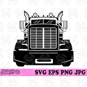 May include: Black and white silhouette of a semi-truck with a large grill and two headlights. The truck has a large, flat front bumper and two large, round headlights.