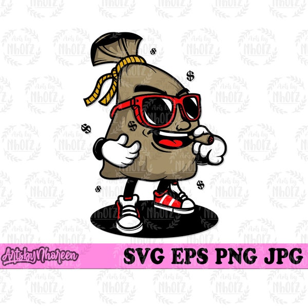 Geldbeutel Pop Kultur svg | Geld Maskottchen Clipart | Cooles Kinder Shirt png | Hipster Rich Schablone | Gangster US Dollar Papier bill dxf | Hippie