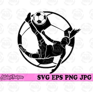 May include: Black and white silhouette of a soccer player kicking a soccer ball. The player is positioned in mid-air, with their leg extended to kick the ball. The ball is in the air, with the player's foot about to make contact with it. The player's hair is flowing behind them. The image is set against a white background.