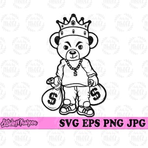 Teddy King con Money Bag svg, Hipster Bear Clipart, Gangster Animal Cut File, Bandit Teddy Stencil, Bad Mafia Teddy Cutfile, Bank Rob dxf