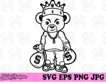 Teddy King with Money Bag svg, Hipster Bear Clipart, Gangster Animal Cut File, Bandit Teddy Stencil, Bad Mafia Teddy Cutfile, Bank Rob dxf