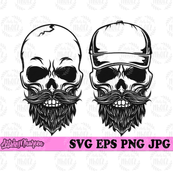 2 Beard Skull svg, Bald Skeletal Head Man Clipart, Skull with Cap or Hat Stencil, Skeleton with Mustache Cut File, Dad Life Skull PNG DXF