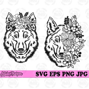 May include: Two black and white illustrations of wolf heads. One wolf has a floral crown on its head, the other has flowers covering its face. The text "Artsby Nhoreen" and "SVG EPS PNG JPG" are at the bottom of the image.
