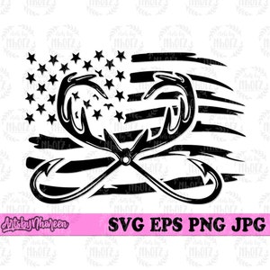 May include: Black and white silhouette of a crossed pair of antlers and fishing hooks, superimposed on a distressed American flag design.