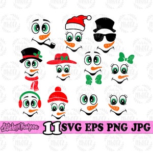 Könnte beinhalten: Set mit 11 Schneemann-Gesichts-SVG-Schneidedateien. Die Gesichter sind in verschiedenen Stilen mit verschiedenen Hüten, Schals und Ausdrücken. Die Gesichter sind schwarzweiß mit grünen, roten und blauen Akzenten.