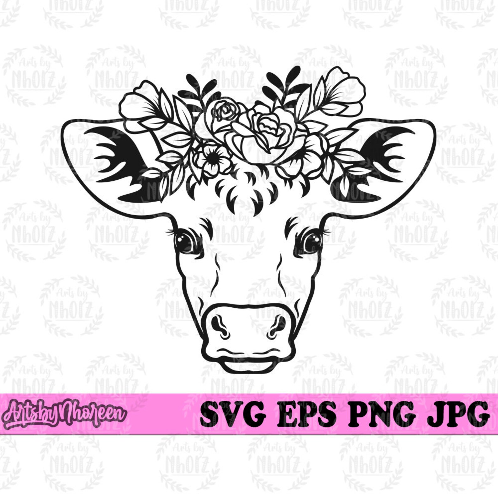 Floral Cow Head Svg, Flower Animal Clipart, Cute Farm Cow Stencil, Farm ...