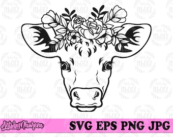 May include: Black and white line art illustration of a cow's head with a floral wreath around its head. The cow is looking directly at the viewer.