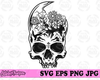 May include: Black and white illustration of a skull with flowers growing out of the top of its head.