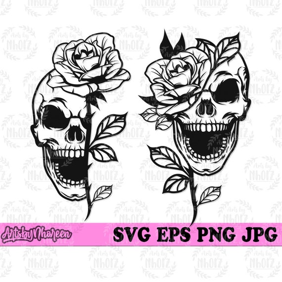 Rose Flower Skull svg, Floral Skull Clipart, Lady Skeletal Head Cut File, Girl Skeleton Face Stencil, Horror Rose Petal Cutfile, Flower Shop