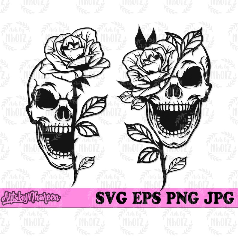 May include: Black and white digital illustration of two skulls with roses growing out of their heads. The skulls are facing forward with their mouths open. The roses are in full bloom and have a detailed design.
