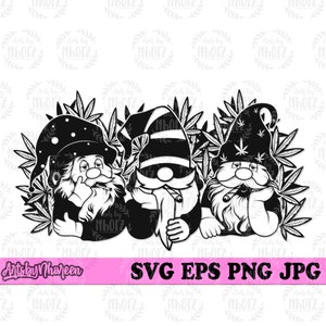 May include: Three black and white gnomes with pointy hats and beards are sitting in a field of marijuana leaves. The gnomes are wearing hats with different designs. The gnomes are looking at the viewer.