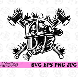 May include: Black and white illustration of a firefighter's helmet with a gas mask and two crossed axes with flames behind them.