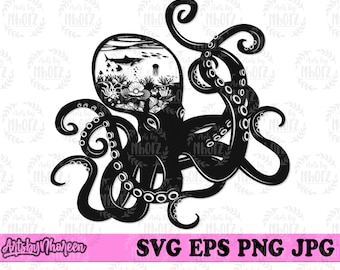 Octopus Scene svg, Under Water Marine Life Cut File, Corals Clipart, Shark Stencil, Summer Vibes svg, Tropical Island Shirt png, Salf Life