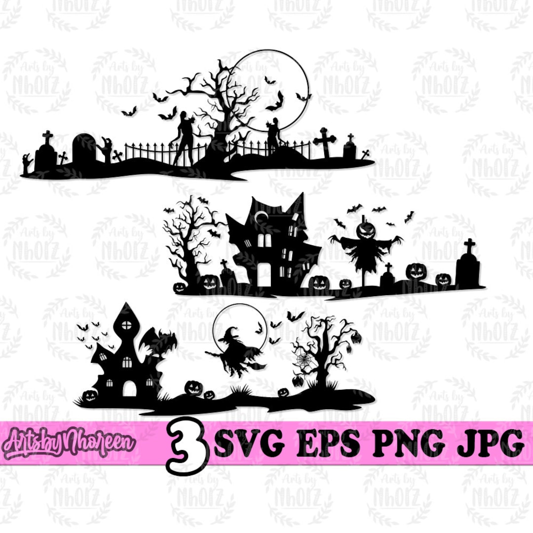 3 Halloween Scene Svg, Scary Ghost Town Clipart, Horror Zombie Land Cut