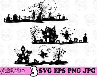 Puede incluir: Tres archivos de corte SVG de temática de Halloween en blanco y negro. El primer diseño presenta un árbol espeluznante con luna llena, un cementerio y dos figuras. El segundo diseño presenta una casa encantada, un espantapájaros y calabazas. El tercer diseño presenta una bruja volando en una escoba, un árbol espeluznante y una casa encantada.