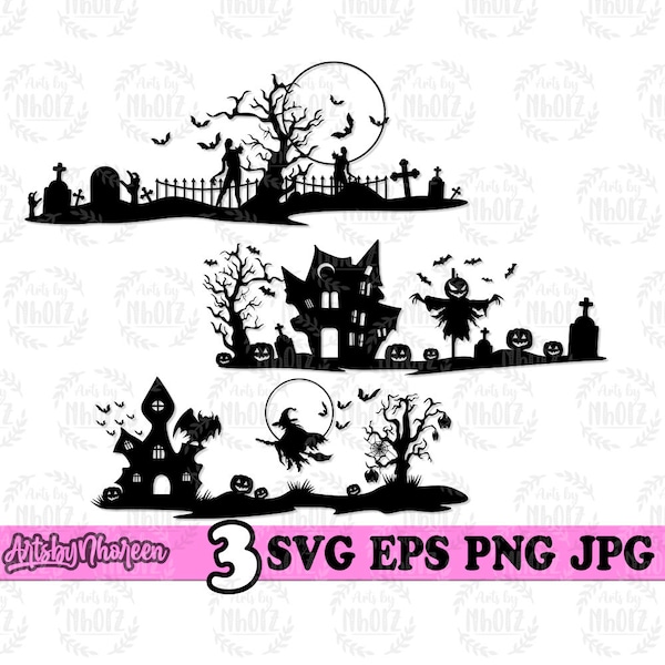 3 Halloween Scene svg, Scary Ghost Town Clipart, Horror Zombie Land Cut File, Haunted House Stencil, Spooky Cemetery dxf, Boo Full Moon png