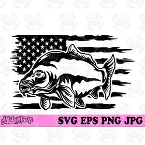 May include: Black and white illustration of a carp fish swimming in front of a distressed American flag.