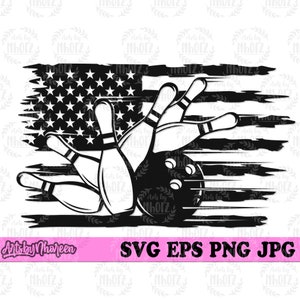May include: Black and white graphic of bowling pins and a bowling ball, set against a distressed American flag background. The image includes the text "SVG EPS PNG JPG" and "Artsby Nhoreen".