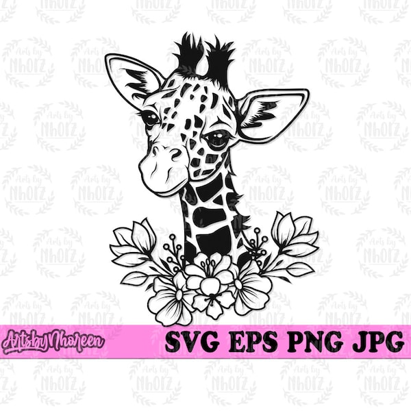 Cute Floral Giraffe svg, Flower Animal Clipart, Wild Life Shirt png, Safari Animal Cut File, Cute Giraffe Stencil, Zoo Keeper Gift Idea dxf