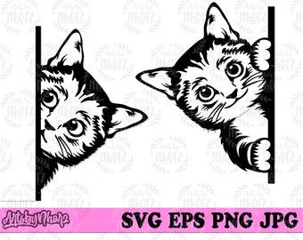 May include: Two black and white silhouette illustrations of cats peeking around corners. One cat is looking to the left and the other is looking to the right.