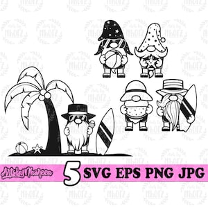 May include: Five black and white digital illustrations of gnomes in various summer-themed poses. One gnome is holding a beach ball, another is holding a starfish, one is holding a surfboard, and two are standing on the beach with a palm tree behind them.