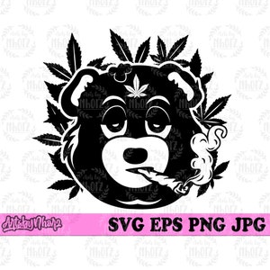 May include: Black and white illustration of a bear with a marijuana leaf on its head, smoking a joint. The bear is surrounded by marijuana leaves.
