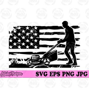 May include: Black and white silhouette of a person mowing a lawn with a lawnmower in front of a distressed American flag.