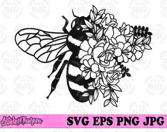 Floral Bee svg, Honey Making Animal Clipart, Nectar Cut File, Bee Hives Stencil, Flower Flying Insect dxf, Bee Farm Jpeg and Monogram DXF