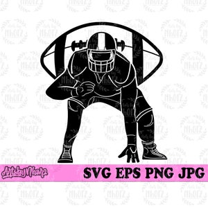 May include: Black and white silhouette of a football player in a three-point stance, with a football behind him.