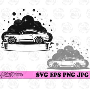 May include: Black and white graphic of a sports car with a cloud and star design. The car is positioned above a banner. The image includes the text "SVG EPS PNG JPG" and "Artsby Nhoreen".