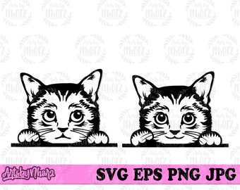 May include: Black and white silhouette of two cats peeking over a surface. The cats have large eyes and are looking directly at the viewer.