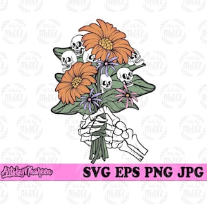 Skull Bouquet svg, Floral Skull Clipart, Sweet Spooky Valentine Stencil, Halloween Love Cut File, Flower Pumpkin dxf, Creepy Boo Scary Shirt
