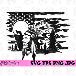 May include: Black and white silhouette of a Native American chief wearing a headdress with feathers, set against a distressed American flag background. The chief is looking to the right, and there are trees and a wolf in the background.