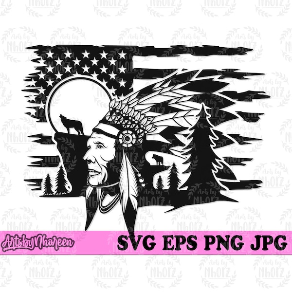 US Native American Scene svg, Ancient Tribe Clipart, Feather Headdress Cut File, Old Traditional Indian Stencil, Teepee Boho T-shirt Design