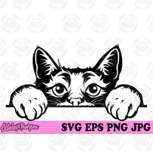 Puede incluir: Silueta en blanco y negro de un gato asomándose por encima de una superficie con sus patas en el borde. El gato tiene ojos grandes y una expresión curiosa.