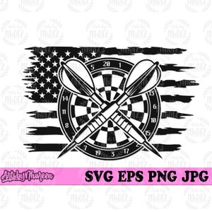 May include: Black and white illustration of a dartboard with two darts crossed over the center. The dartboard is set against a distressed American flag background.