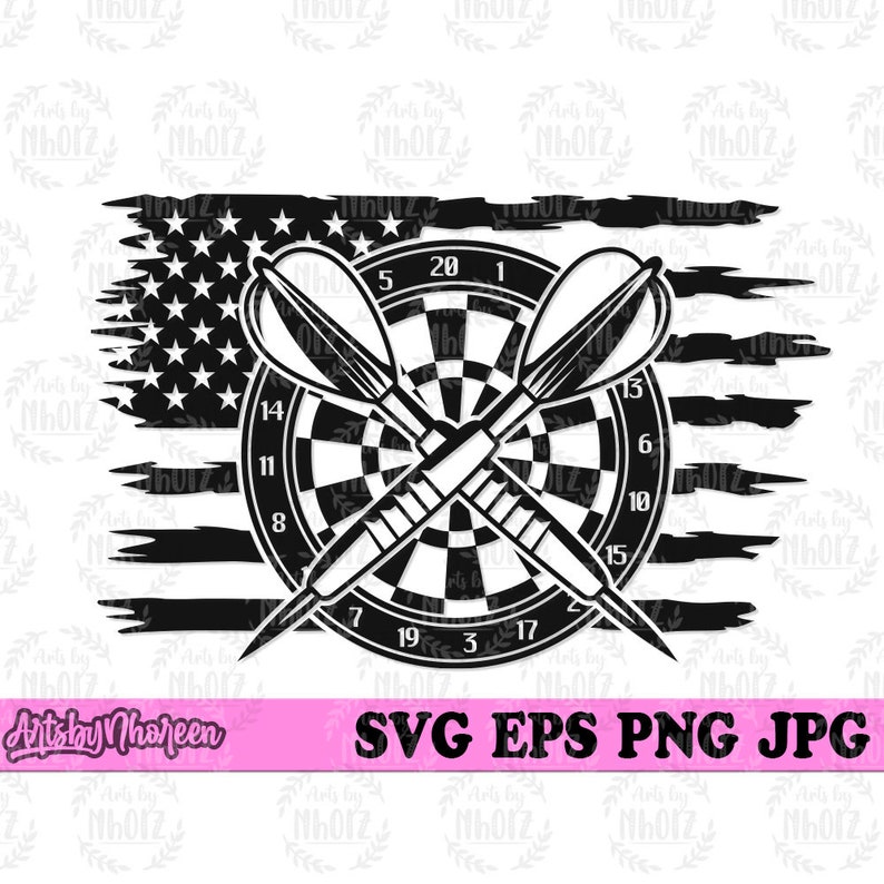 May include: Black and white illustration of a dartboard with two darts crossed over the center. The dartboard is set against a distressed American flag background.