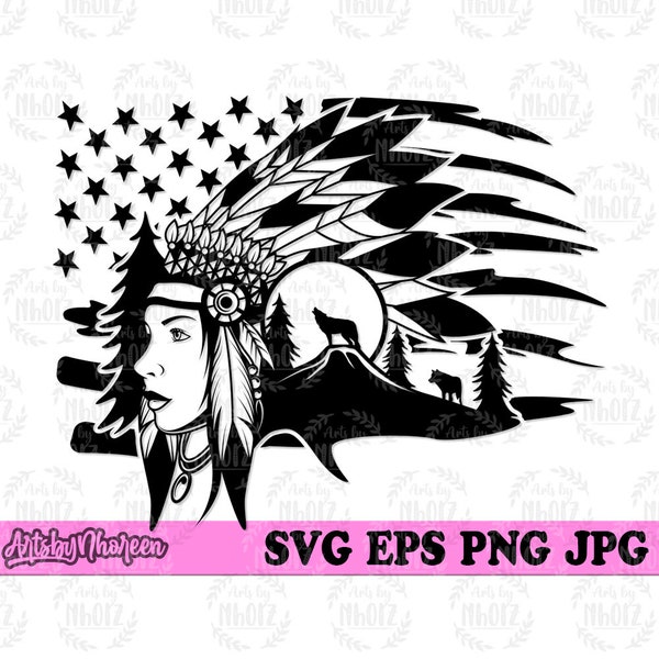 US Girl American Girl Scene svg, Ancient Lady Tribe Clipart, Feather Headdress Cut File, Old Traditional Indian Woman Stencil, Teepee Boho